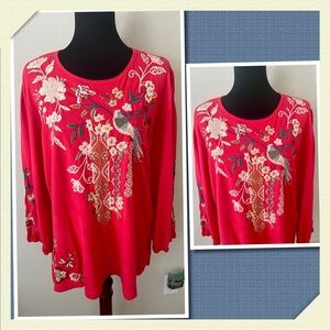 EUC JOHNNY WAS CORAL COTTON EMBROIDERED TOP SZ XL